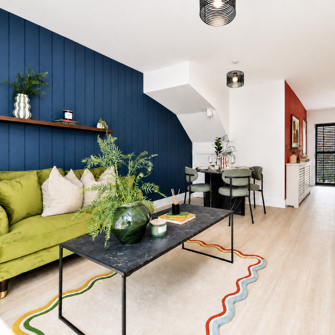 Modern living room with a lime green sofa against a navy paneled wall and a black coffee table surrounded by plants beside a dining area and colorful rug.