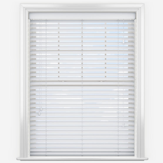 Closed white horizontal window blinds fitted inside a white framed window with evenly spaced slats and pull cords visible against a plain background