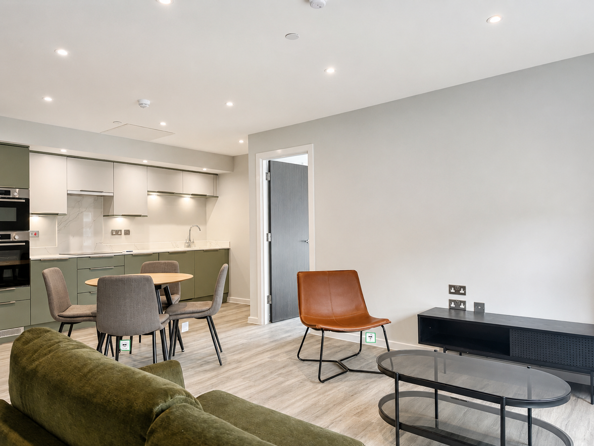 Modern open plan living room with green sofa, brown lounge chair, black coffee table, dining table and chairs, and a minimalist kitchen with pale cabinetry
