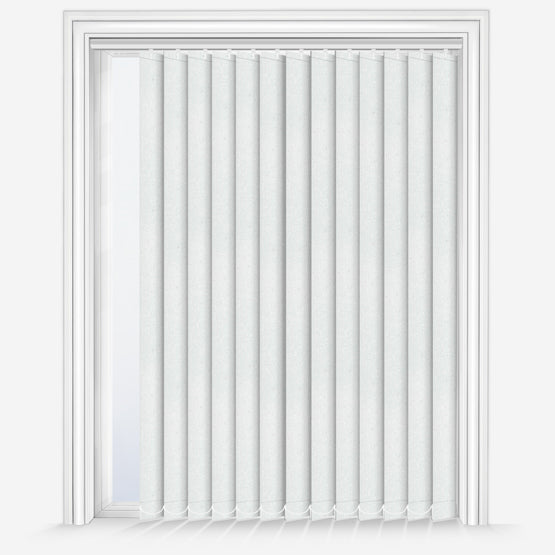 White vertical blinds covering a framed window with evenly spaced slats and soft shadows cast across the sill and surrounding wall