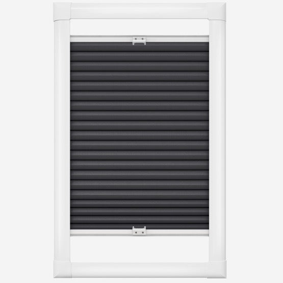White framed window with a closed dark gray pleated roller shutter and visible mounting brackets at the top and bottom